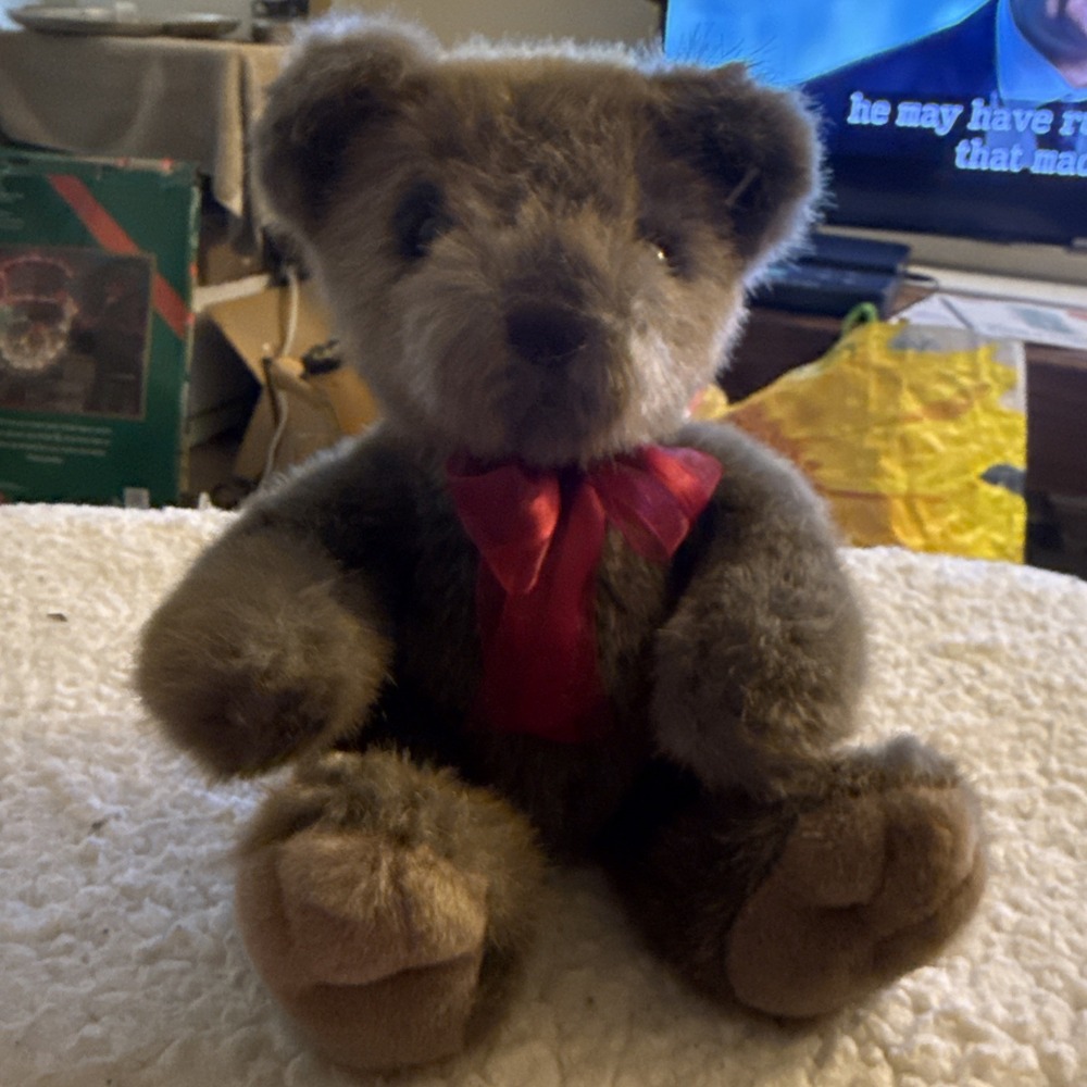 Teddy Bear Dark Brown Aurora Wearing a Red Bow Plush Vintage 8"